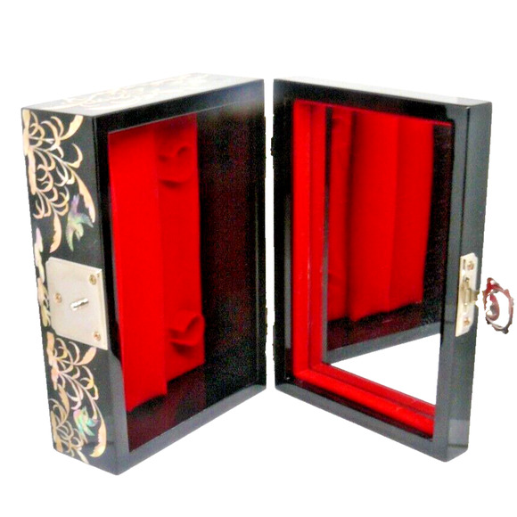 Asian Black Lacquer Jewelry Box MOP & Abalone Bird Floral Inlay Turtle Latch VTG - Picture 2 of 4